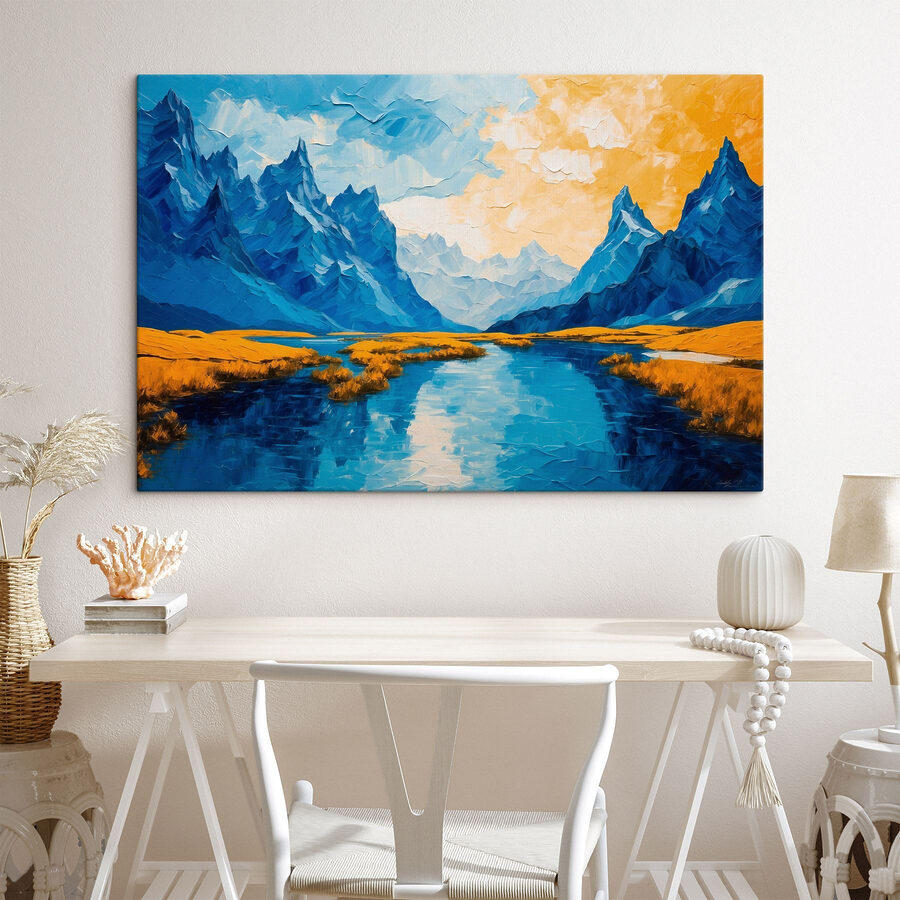 Schilderij van een rivier met bergen en gras Schilderij van een rivier met bergen en gras