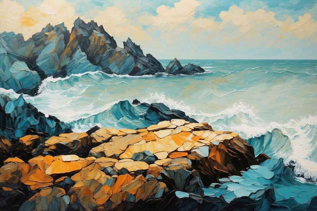 Painting of waves crashing on rocks Painting of waves crashing on rocks