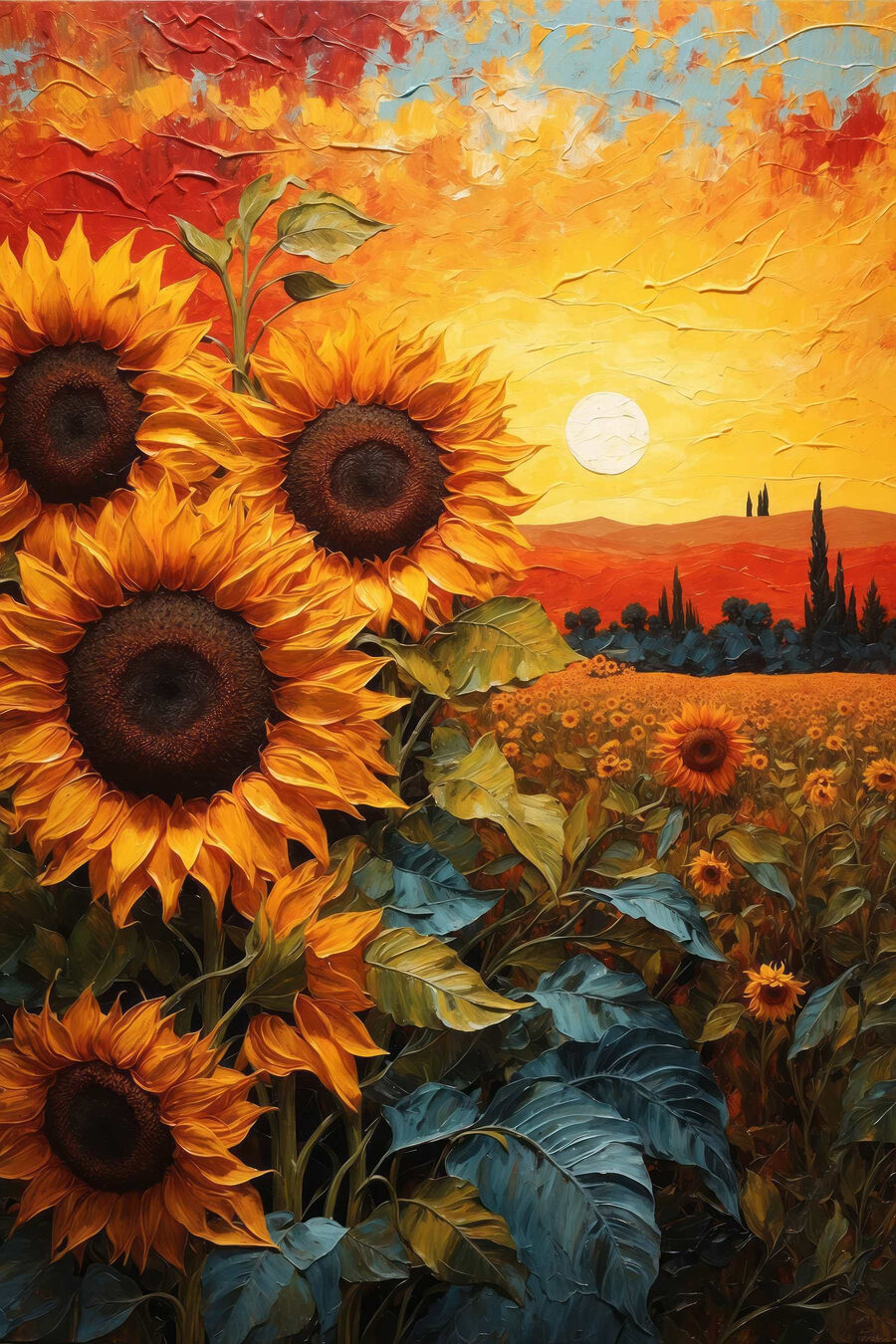 Schilderij van zonnebloemen in een veld