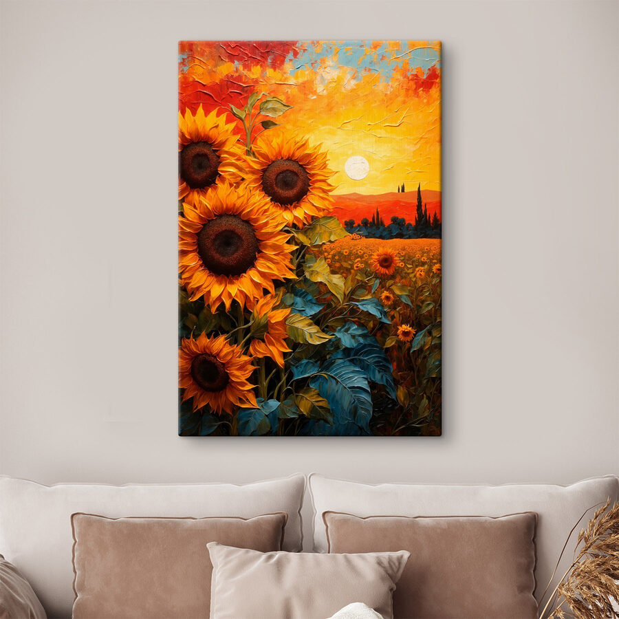 Schilderij van zonnebloemen in een veld