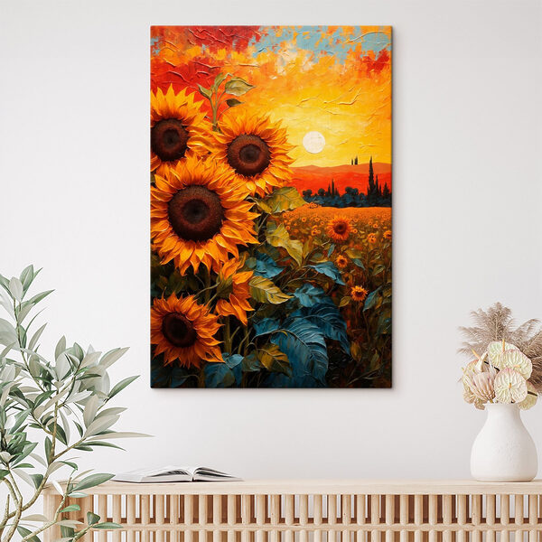 Schilderij van zonnebloemen in een veld Schilderij van zonnebloemen in een veld