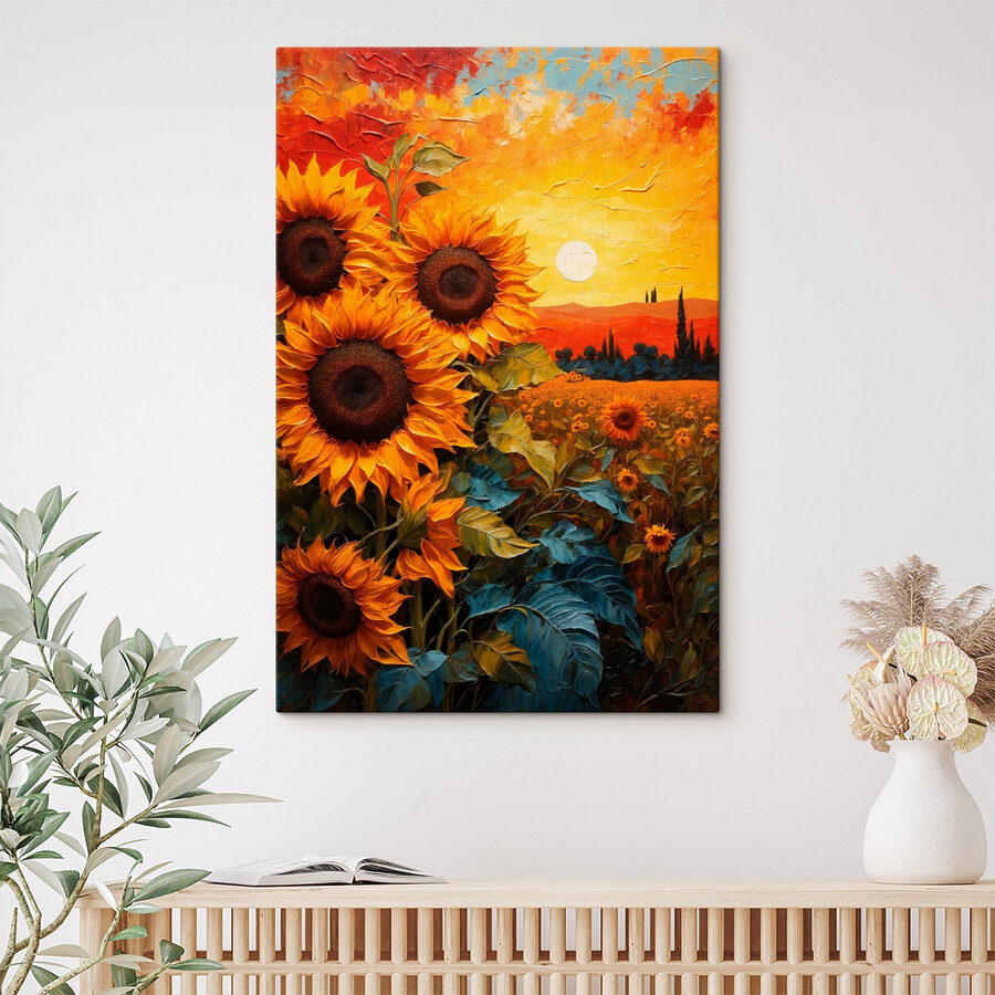 Schilderij van zonnebloemen in een veld