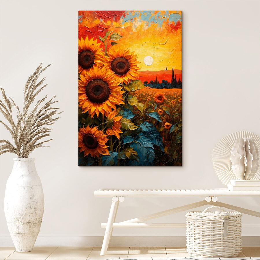 Schilderij van zonnebloemen in een veld