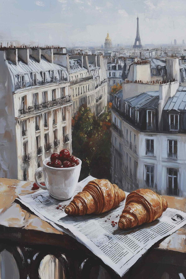 Cup of coffee and croissants on a table with buildings in the background