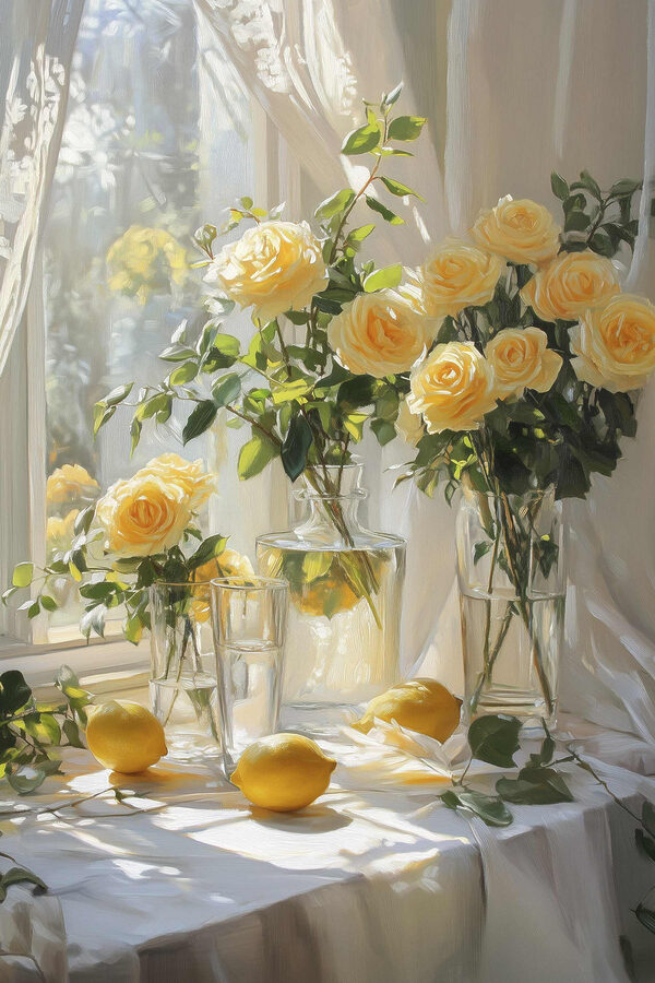 Yellow flowers in vases with lemons