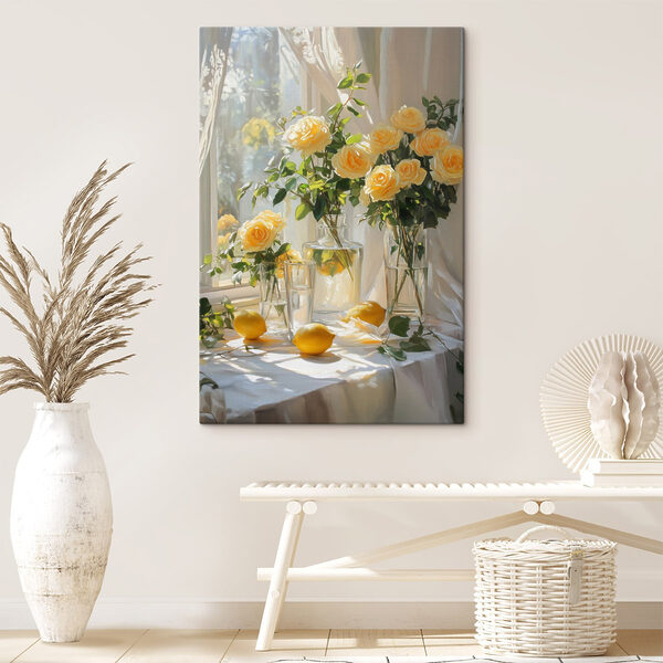 Canvas Schilderijen Canvas Schilderijen Gele bloemen in vazen met citroenen (Artikelnummer: s43887)