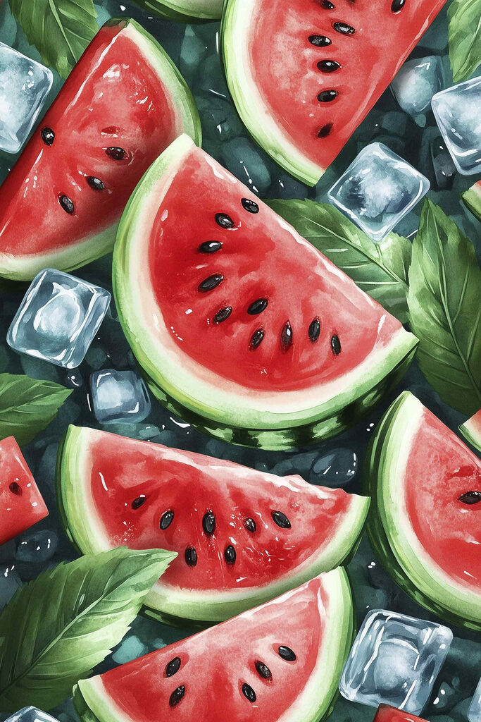Watermelon slices and ice cubes on a surface Watermelon slices and ice cubes on a surface