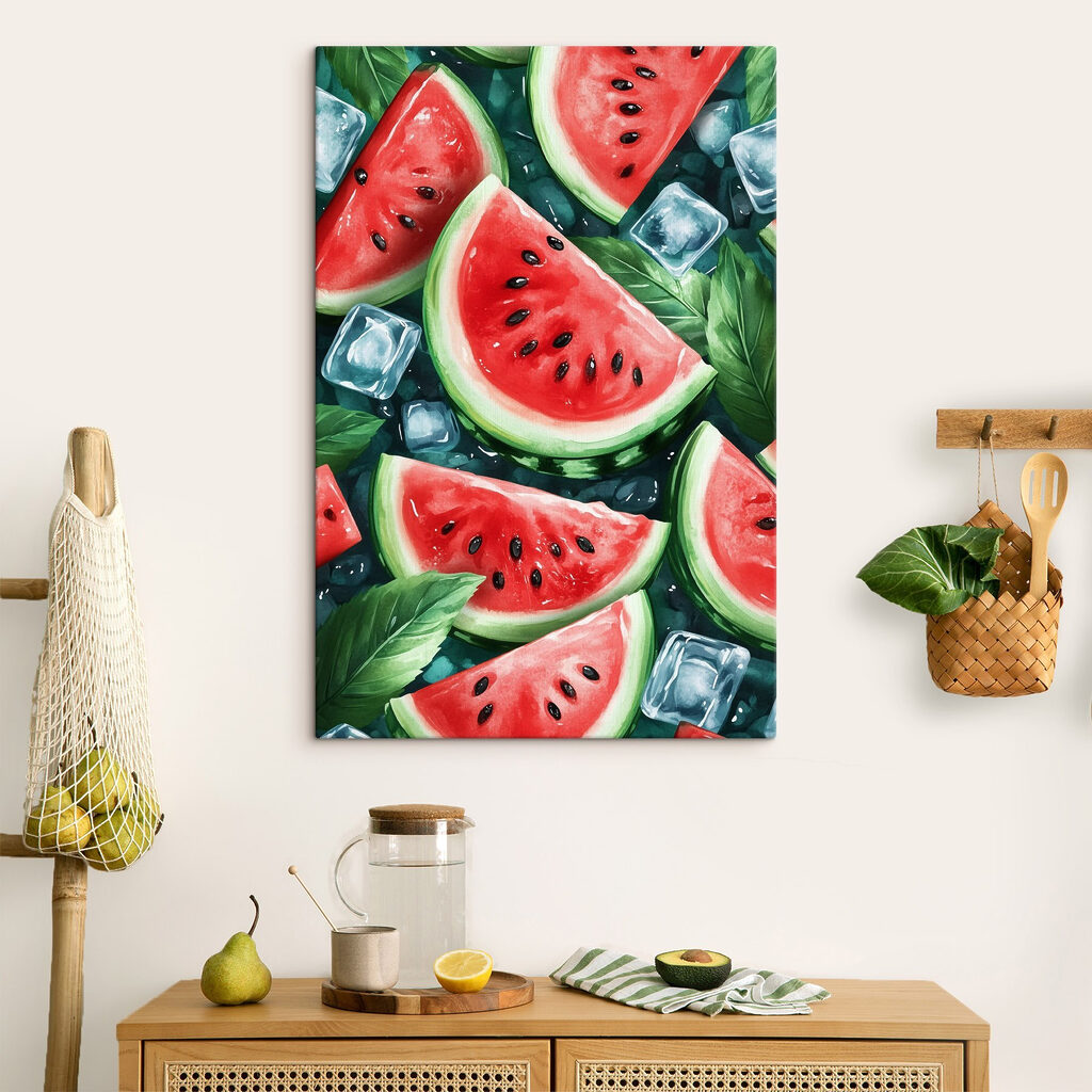 Watermelon slices and ice cubes on a surface Watermelon slices and ice cubes on a surface