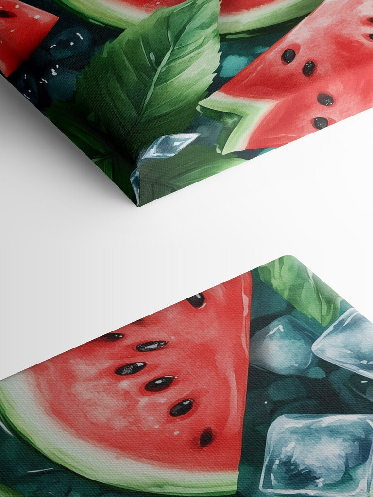 Watermelon slices and ice cubes on a surface Watermelon slices and ice cubes on a surface