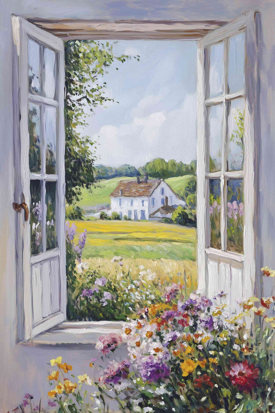 Schilderij van een huis gezien door een raam