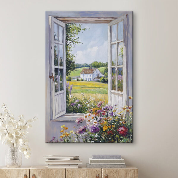 Schilderij van een huis gezien door een raam Schilderij van een huis gezien door een raam