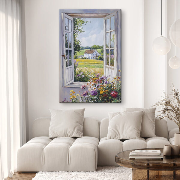 Schilderij van een huis gezien door een raam Schilderij van een huis gezien door een raam