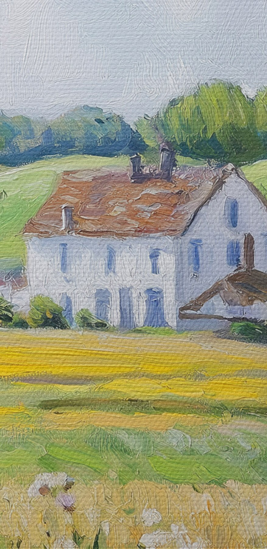 Schilderij van een huis gezien door een raam