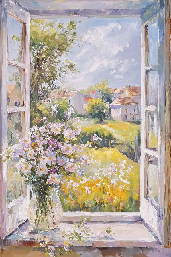 Schilderij van een raam met bloemen erin Schilderij van een raam met bloemen erin