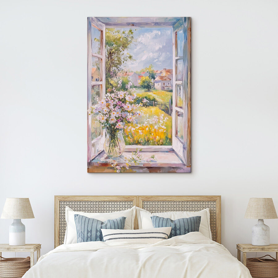 Schilderij van een raam met bloemen erin