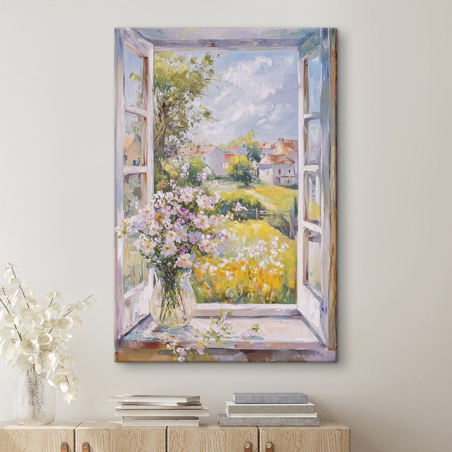 Schilderij van een raam met bloemen erin
