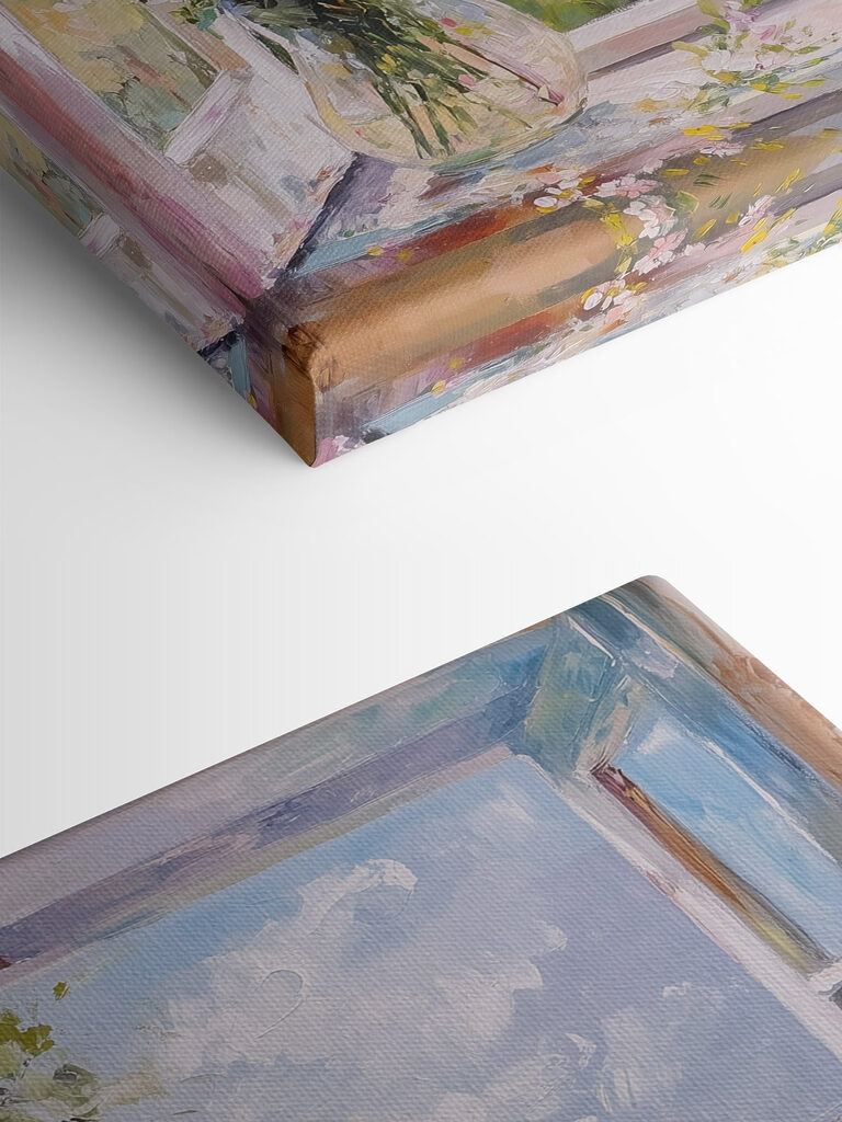 Painting of a window with flowers in it