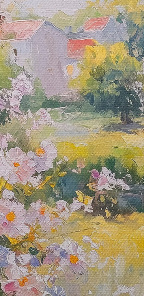 Painting of a window with flowers in it