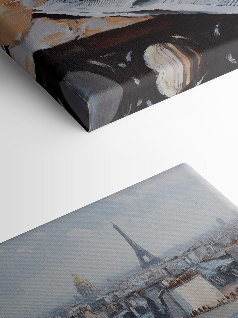 Cup of coffee and croissants on a table with buildings in the background