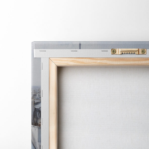 Cup of coffee and croissants on a table with buildings in the background