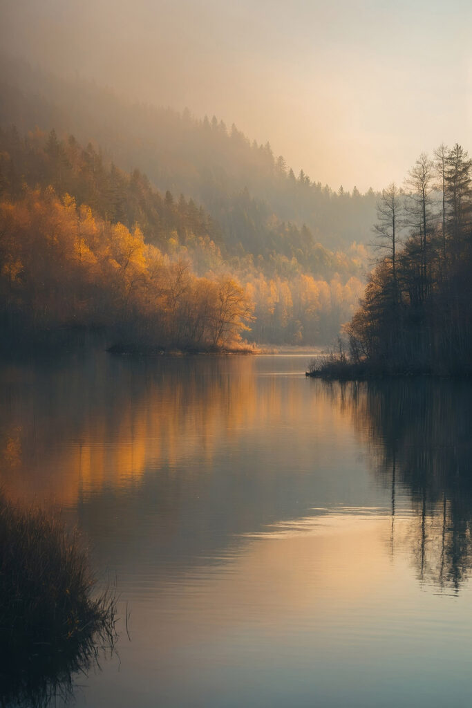 Lake with trees and mountains in the background