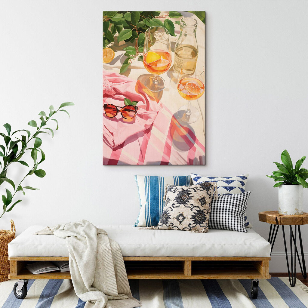 Group of glasses of wine and sunglasses on a blanket