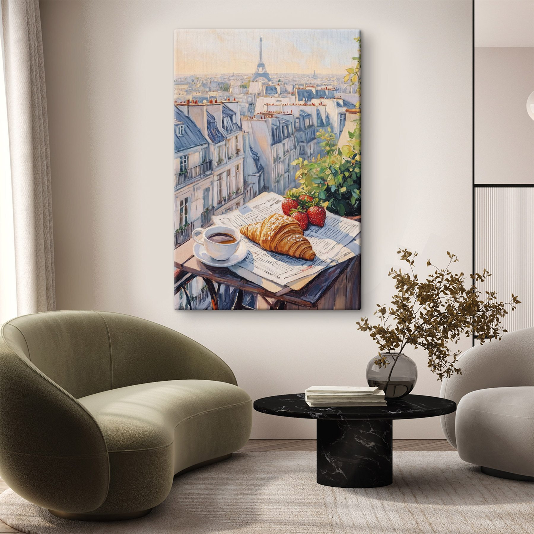 Breakfast on a table with a cup of coffee and strawberries