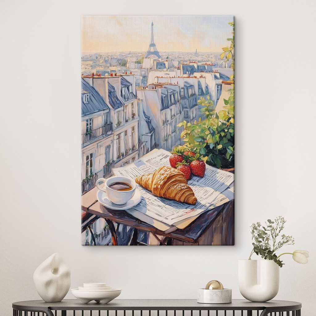 Breakfast on a table with a cup of coffee and strawberries