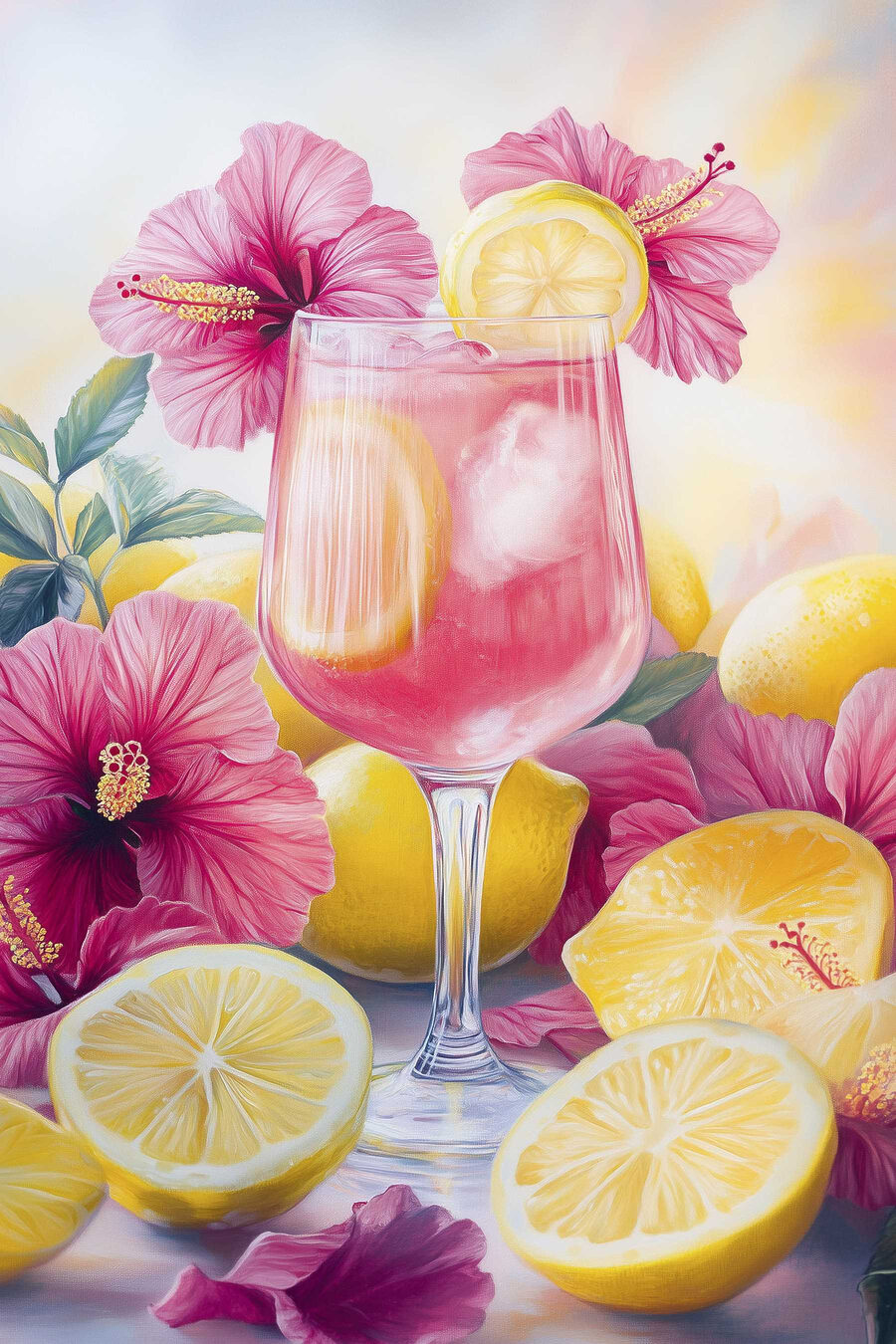 Canvas Schilderijen Glas roze drank met citroenen en bloemen - Afbeelding 7
