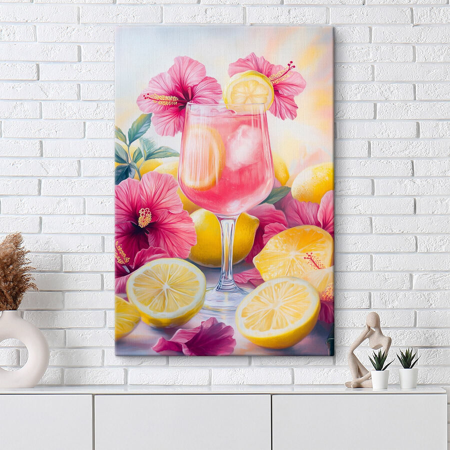 Canvas Schilderijen Glas roze drank met citroenen en bloemen - Afbeelding 2
