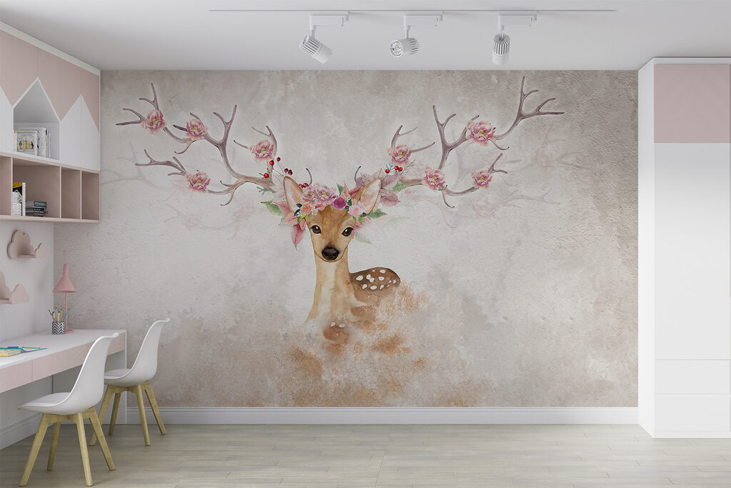 Watercolor of a deer with flowers on horns