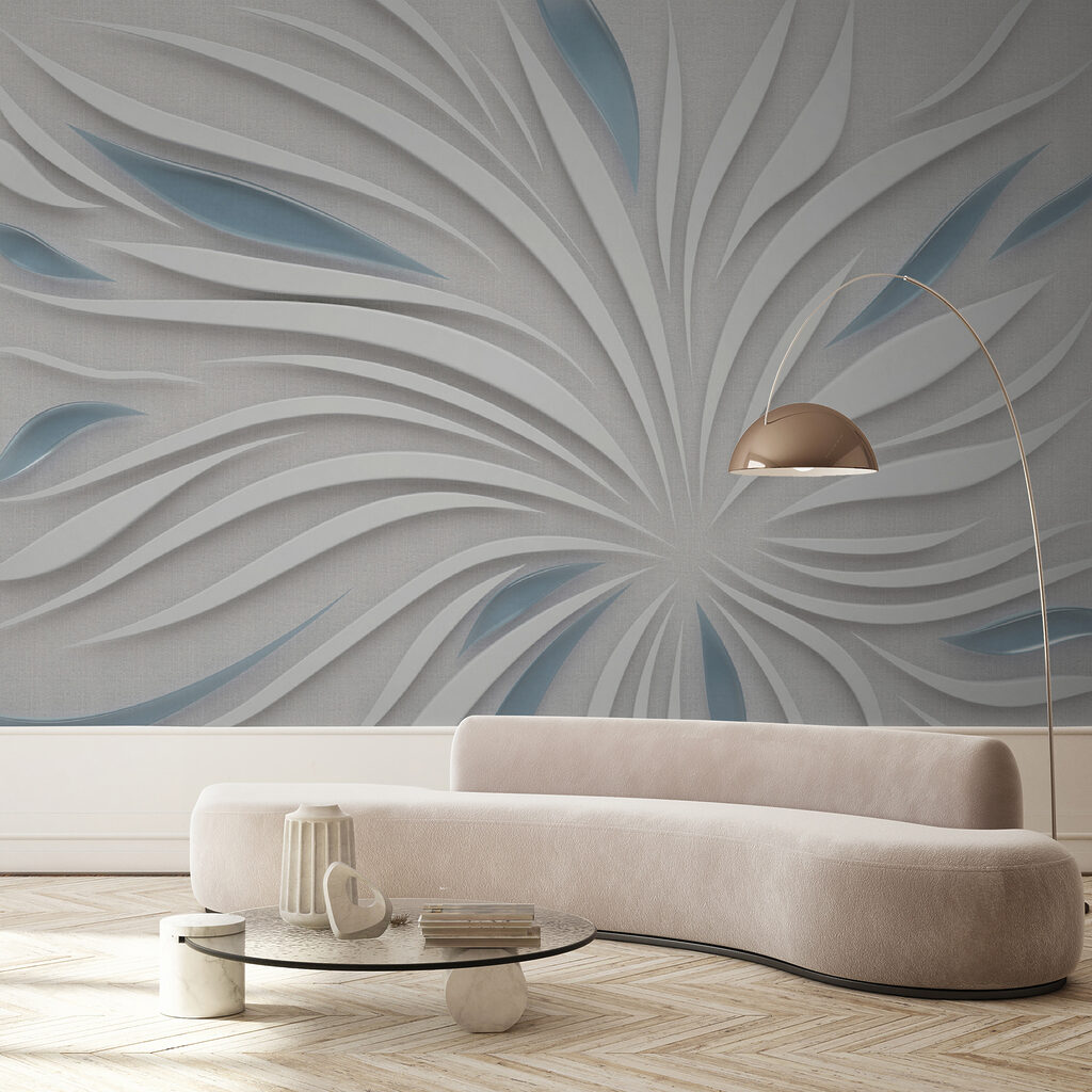 White and blue design on a grey surface