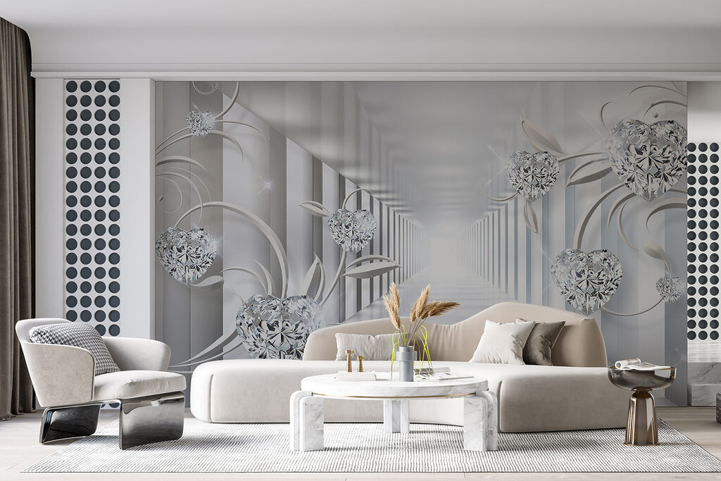 White hallway with diamonds and flowers White hallway with diamonds and flowers