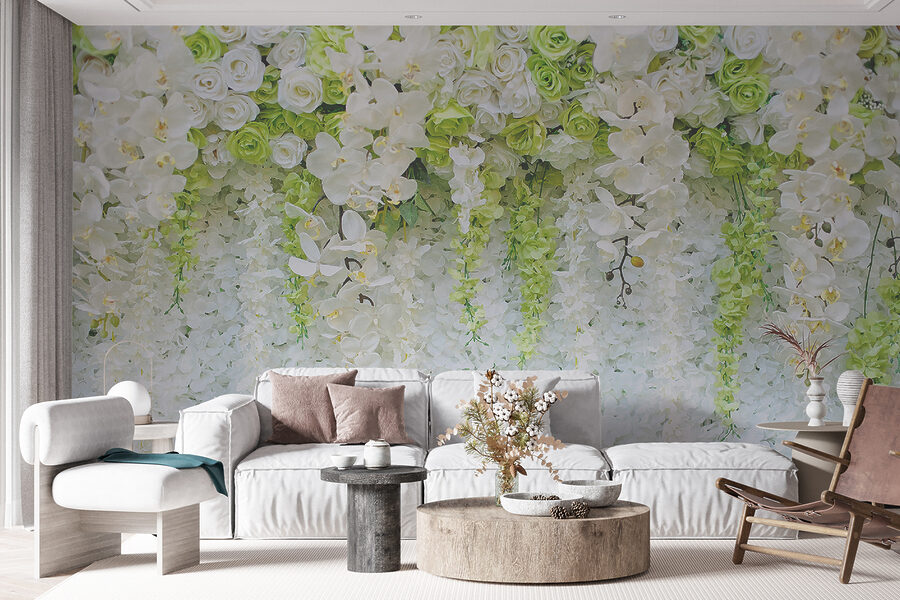 Muur van bloemen en wijnranken