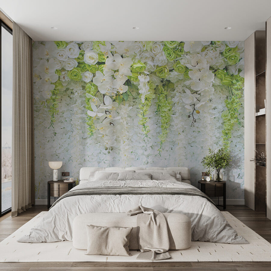 Muur van bloemen en wijnranken