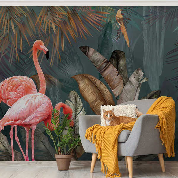 Roze flamingo's en een vogel in een bos Roze flamingo's en een vogel in een bos