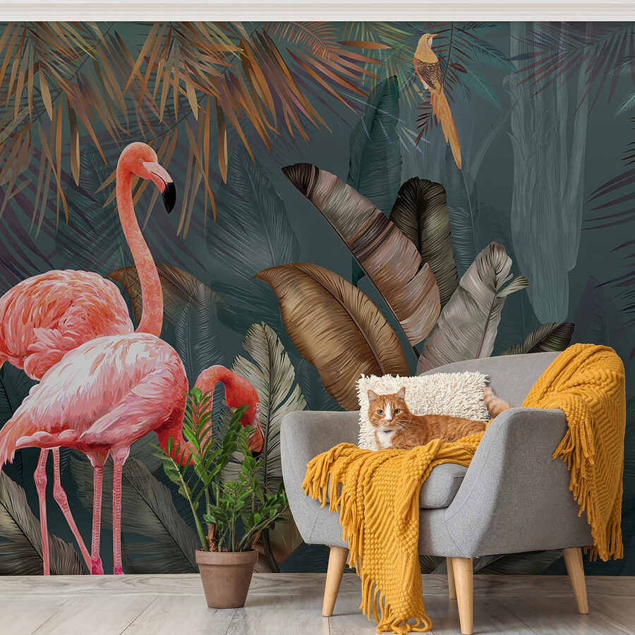 Roze flamingo's en een vogel in een bos