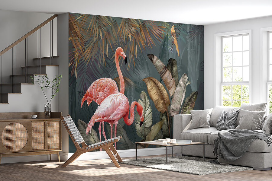 Roze flamingo's en een vogel in een bos
