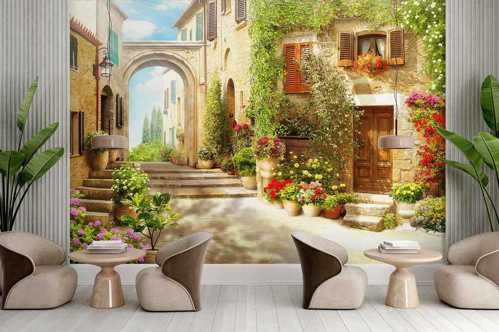 Stone building with a door and a doorway with plants in pots Stone building with a door and a doorway with plants in pots