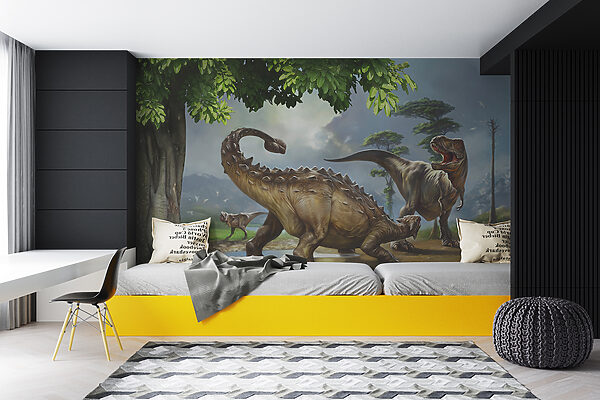 Schilderij van dinosaurussen bij een rivier Schilderij van dinosaurussen bij een rivier