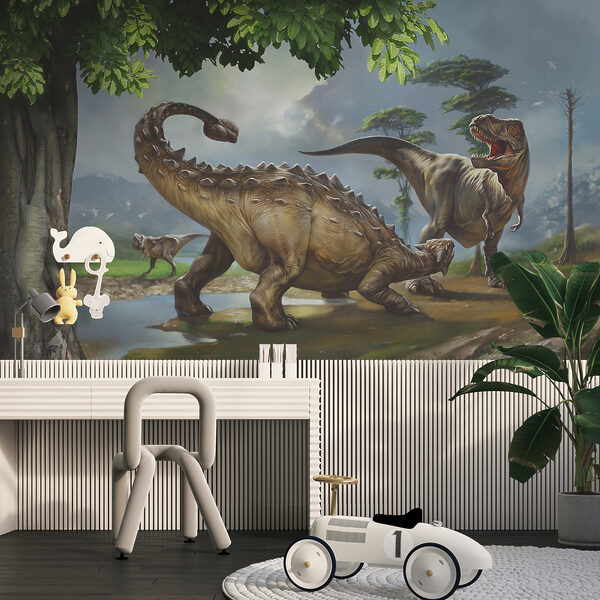 Schilderij van dinosaurussen bij een rivier Schilderij van dinosaurussen bij een rivier