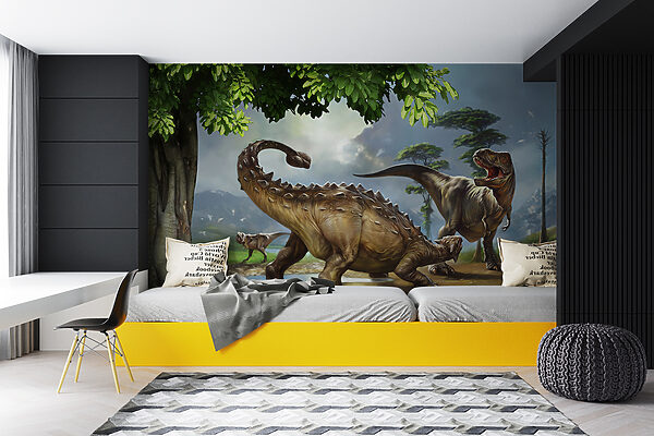 Schilderij van dinosaurussen bij een rivier Schilderij van dinosaurussen bij een rivier