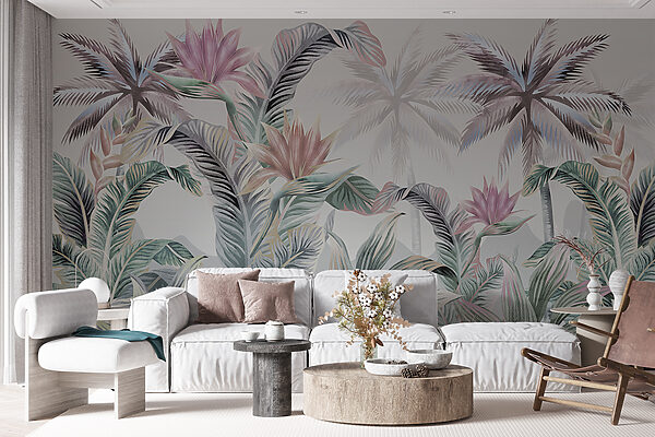 Behang met palmbomen en bloemen Behang met palmbomen en bloemen