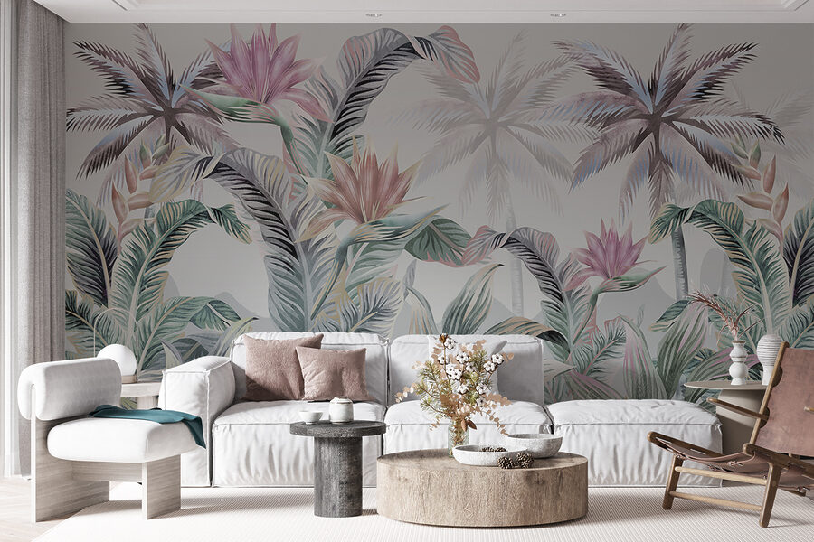 Behang met palmbomen en bloemen
