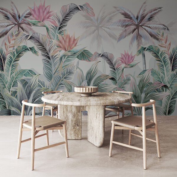 Behang met palmbomen en bloemen Behang met palmbomen en bloemen