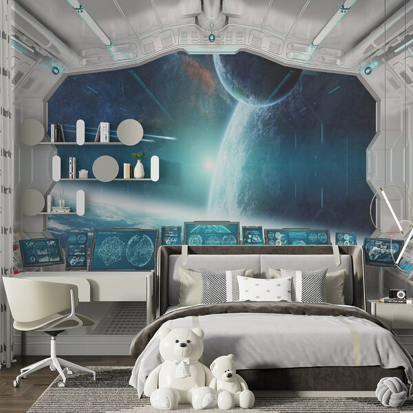 Kamer met horren en uitzicht op de aarde vanuit het raam Kamer met horren en uitzicht op de aarde vanuit het raam