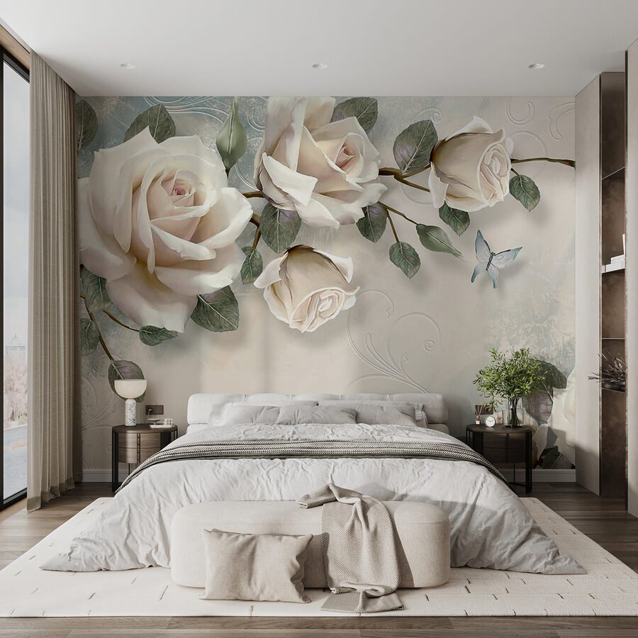 Fotobehang Delicate rozen met zachte vlinders. - Afbeelding 6