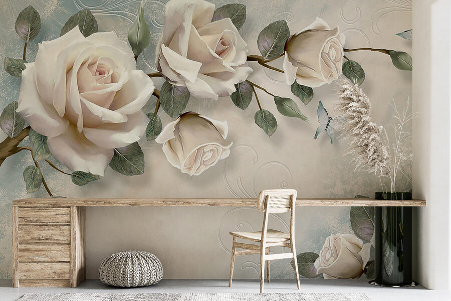 Fotobehang Delicate rozen met zachte vlinders. - Afbeelding 7
