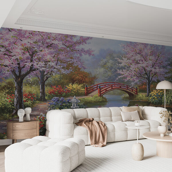 Painting of a pond with a bridge and flowers Painting of a pond with a bridge and flowers
