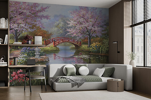 Painting of a pond with a bridge and flowers Painting of a pond with a bridge and flowers